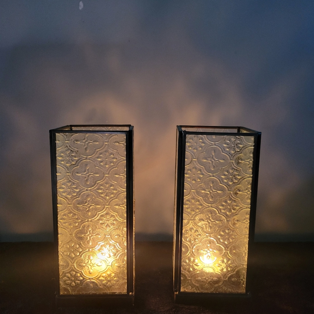 Elegant Glass Tea Light Lanterns with Brushed Bronze Metallic Trim